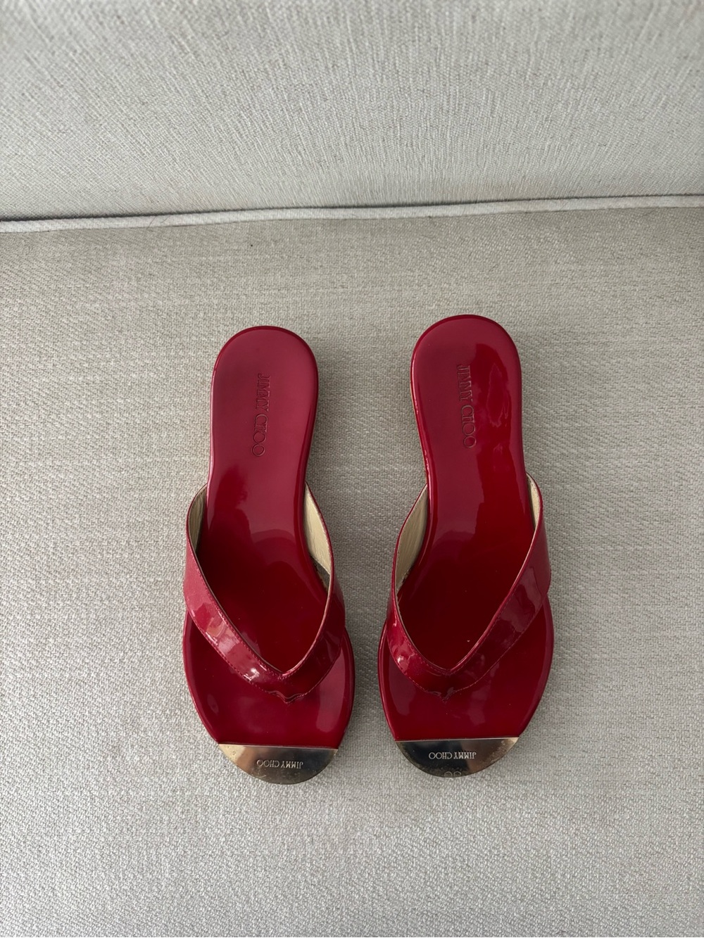 Jimmy Choo Red Patent Leather Flip Mules with Gold Toe Caps